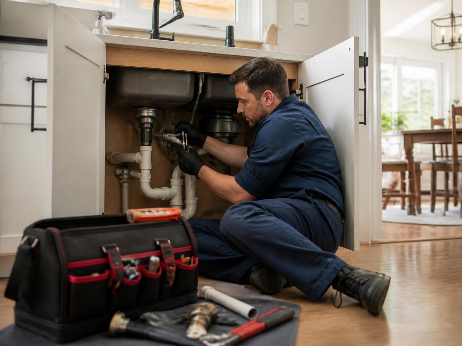 Plumber in uniform repairing pipes under a kitchen sink in a Plantation, FL home