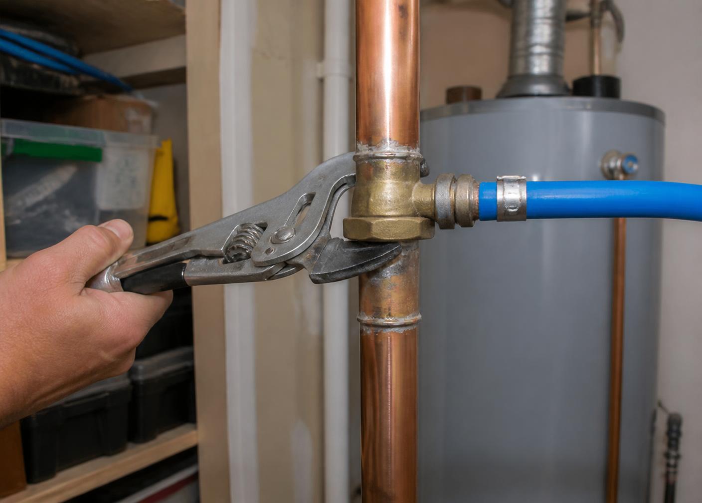Plumber tightening a fitting on copper water piping next to a water heater